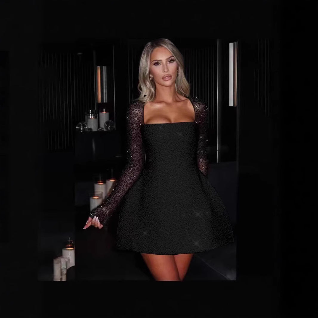 Glamorous women's lace mini dress with elegant sheer sleeves, perfect for cocktail parties & special occasions.