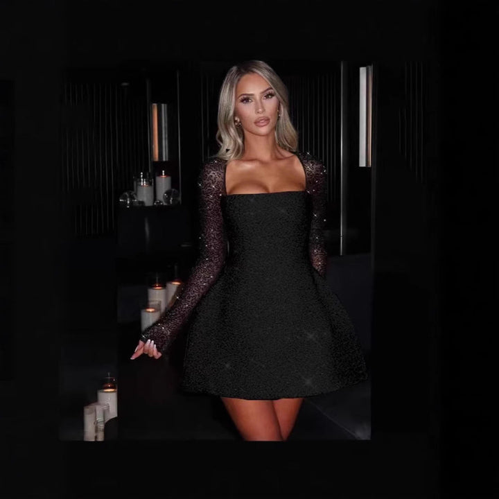 Glamorous women's lace mini dress with elegant sheer sleeves, perfect for cocktail parties & special occasions.
