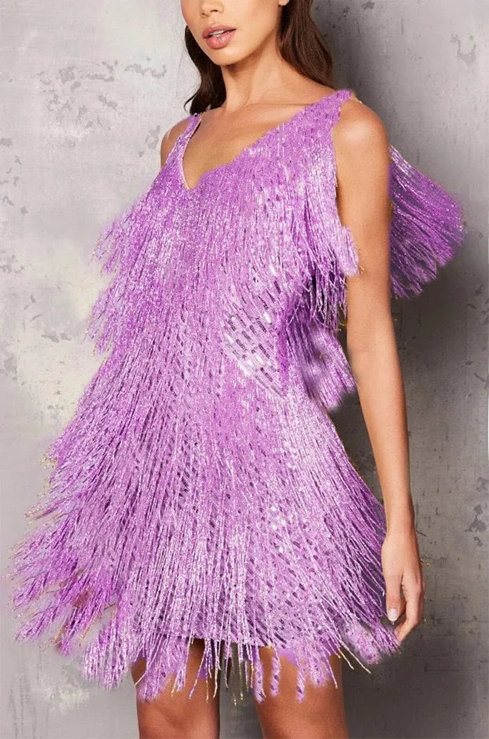 Glamorous women's sequin fringe v-neck mini party dress, perfect for dancing and celebrations.