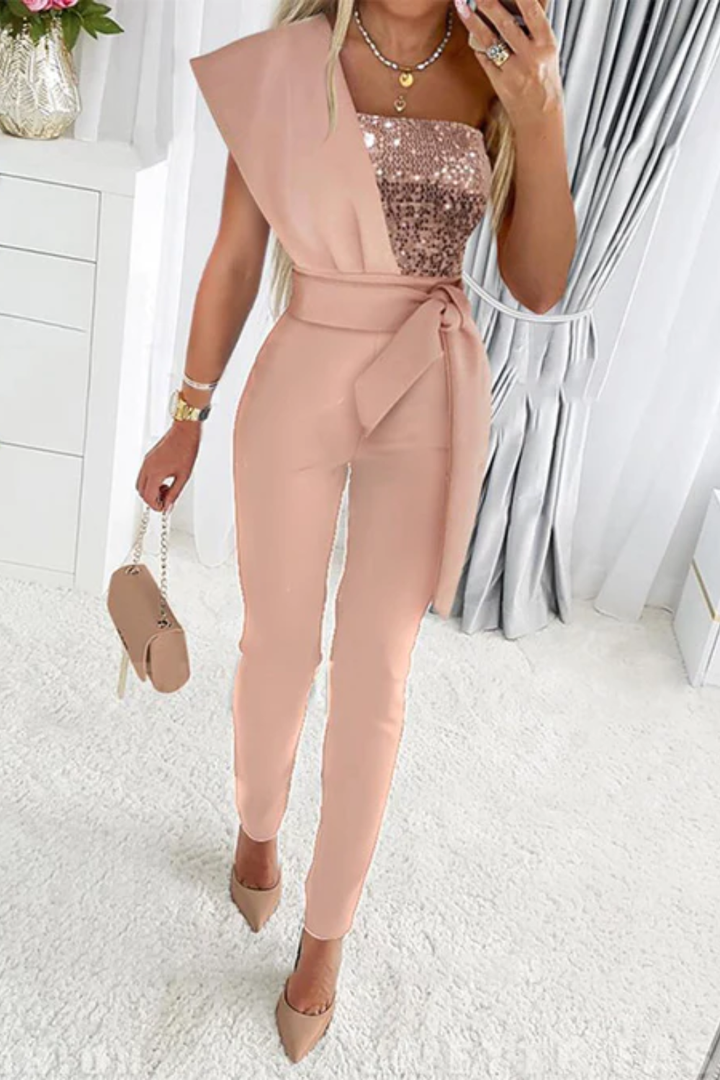 Stylish women's sequin jumpsuit, ideal for formal cocktail parties & night out. Elegant one-piece design.