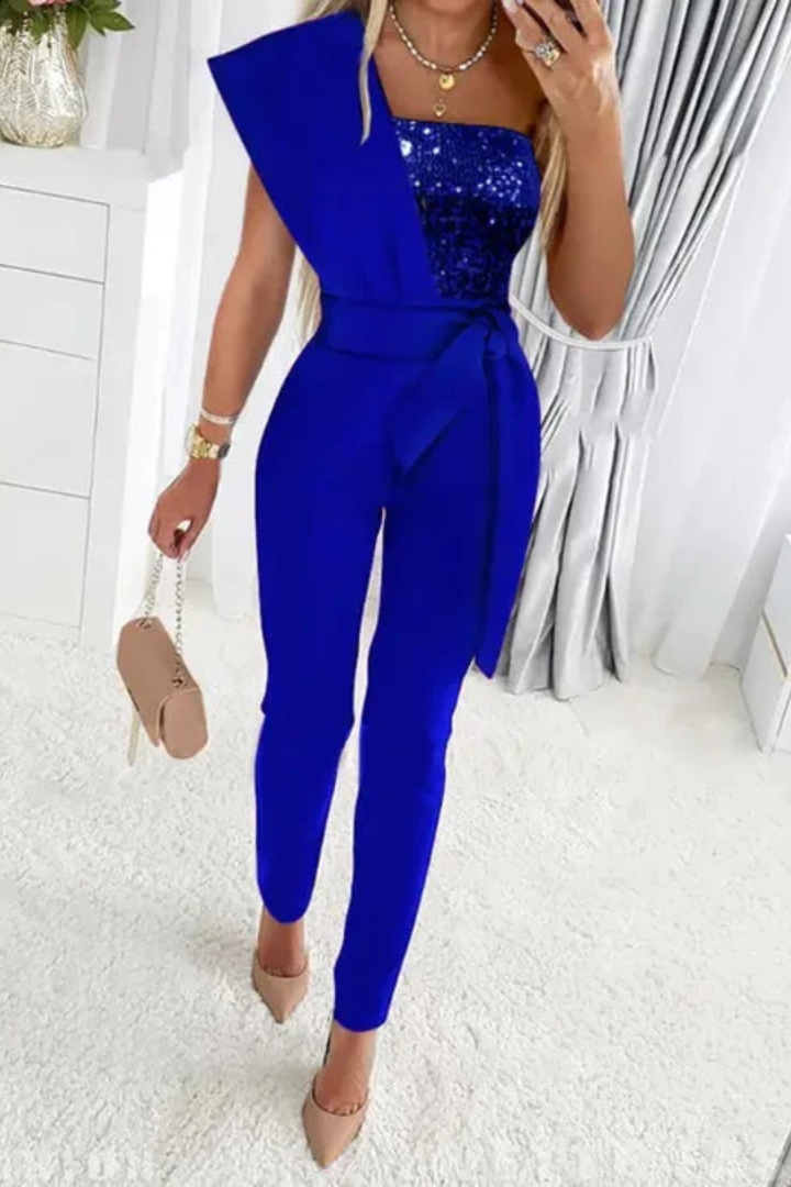 Gleaming women's sequin jumpsuit. Versatile elegant one-piece for special occasions & glamorous evening wear.
