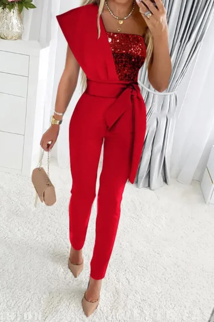 Sparkling women's sequin jumpsuit, a chic and comfortable one-piece for elegant evening events & parties.