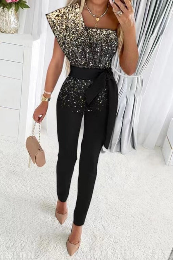Luxurious women's sequin jumpsuit, an elegant one-piece perfect for glamorous evening wear & special occasions.