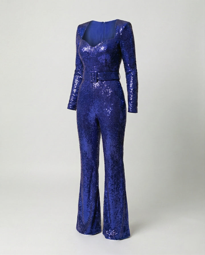 Shimmering women's sequin jumpsuit, a glamorous long sleeve party outfit. Ideal for evening wear & special occasions.