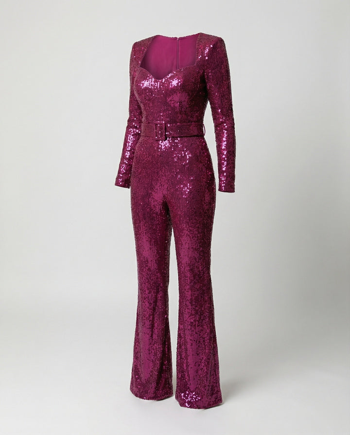 Full shot of a women's glamorous sequin jumpsuit, a fashionable long sleeve party outfit. Ideal for elegant evening wear.