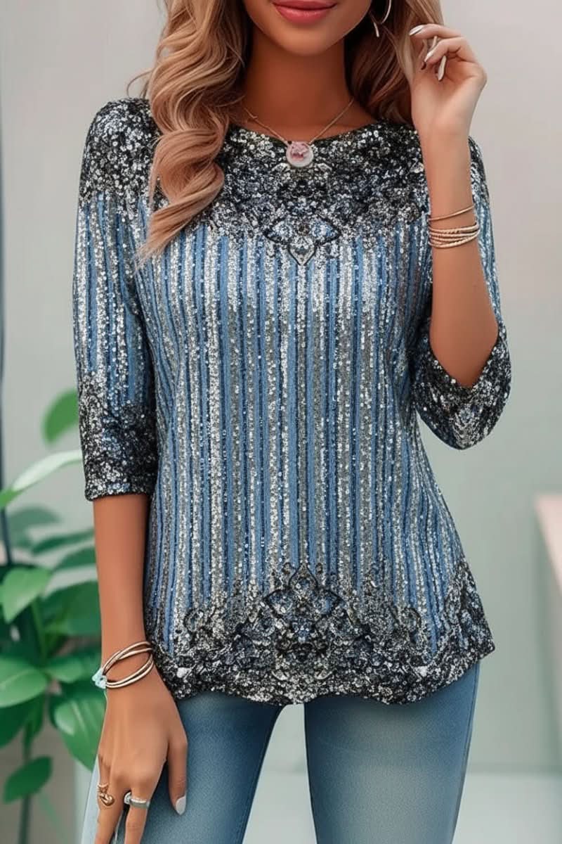 Stylish loose-fit women's three-quarter sleeve sequin top with open back for evening wear.