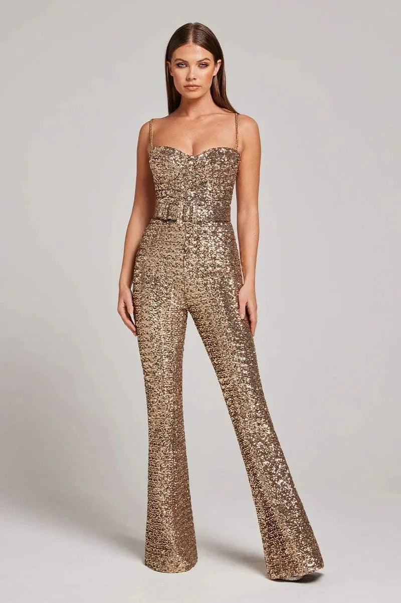Sparkling women's strapless jumpsuit with a flattering flared leg silhouette, great for occasionwear.