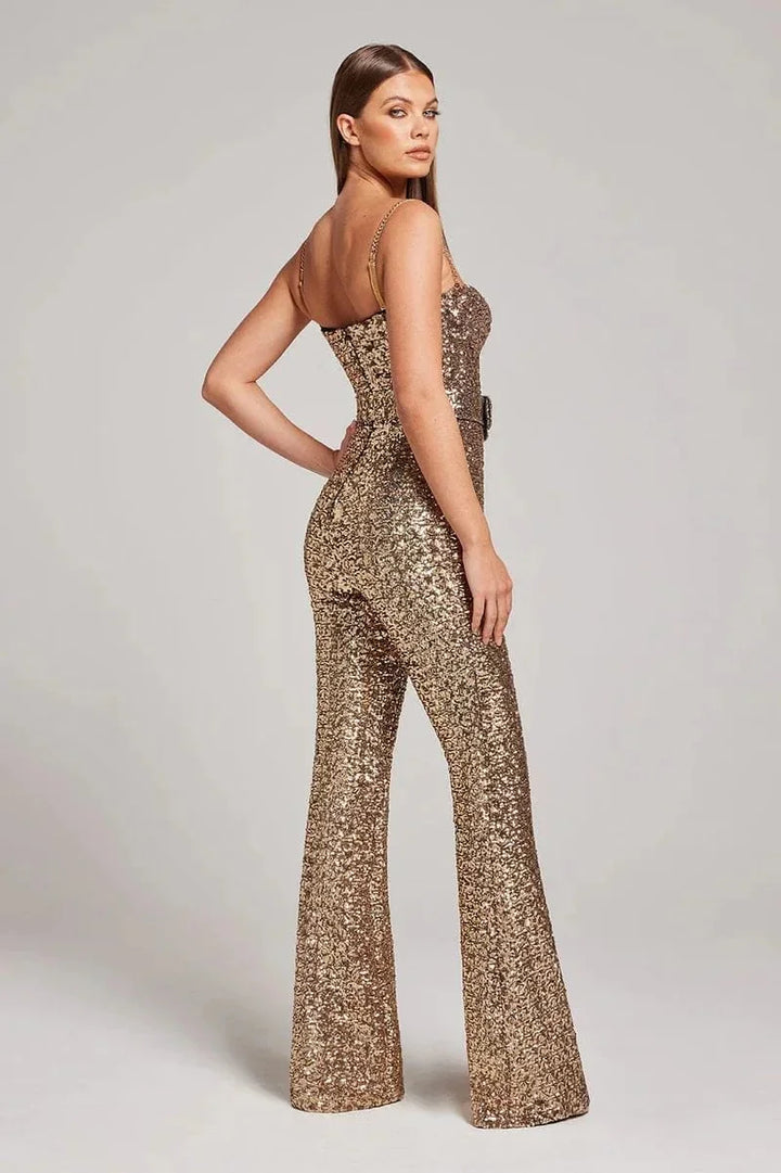 Women's strapless sequin jumpsuit, designed with an elegant flared leg, ideal for stylish evening wear.