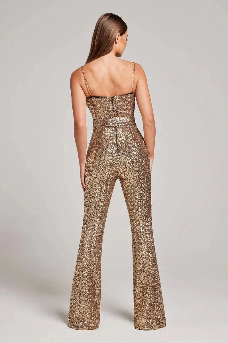 Party-ready women's strapless sequin jumpsuit featuring a trendy flared leg for a glamorous look.
