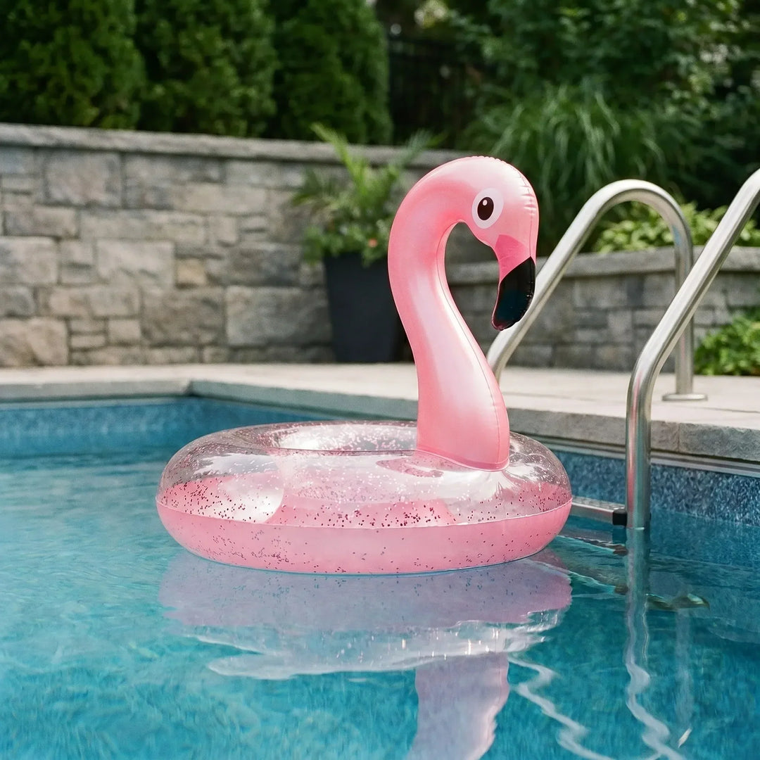 Glittering pink flamingo inflatable pool float for adults & kids, perfect for summer relaxation & pool parties.