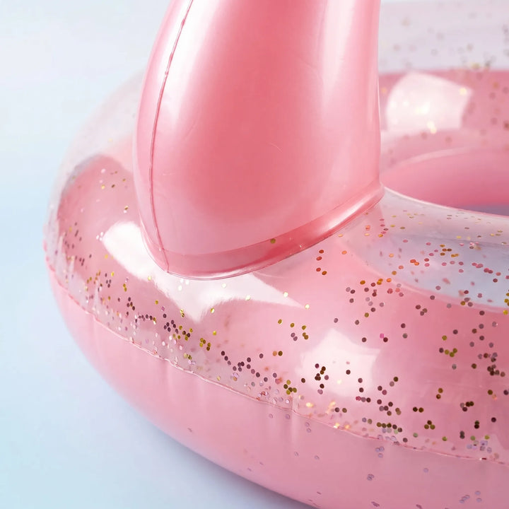 Enjoy summer with this large inflatable sparkling flamingo pool float, ideal for swimming, relaxation & parties.