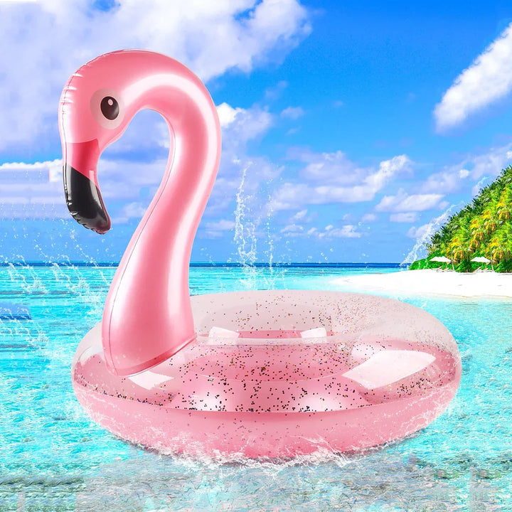 Eye-catching sparkling flamingo inflatable pool float, perfect for summer vacations, beach days & pool parties.