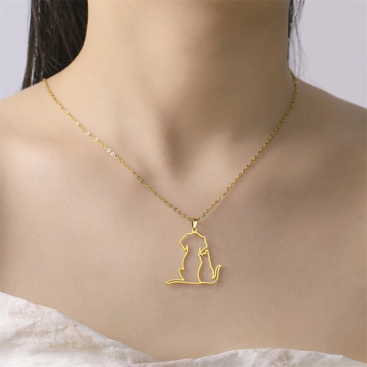Sterling silver dog and cat outline necklace, animal lover jewelry for women, durable and hypoallergenic.