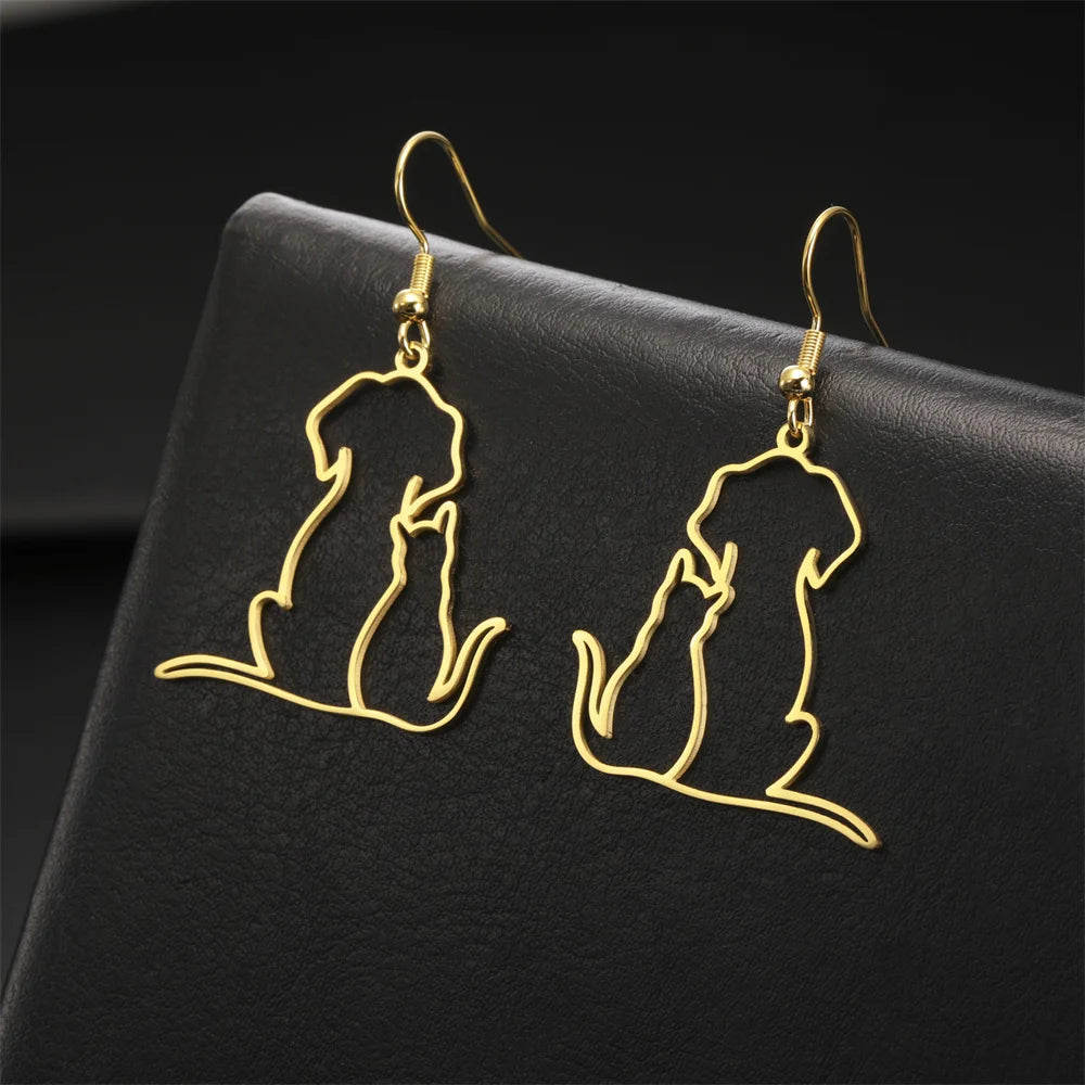 Womens pet biometrics monitor necklace with interlocking dog and cat pendants in polished stainless steel.