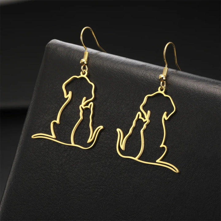 Womens pet biometrics monitor necklace with interlocking dog and cat pendants in polished stainless steel.
