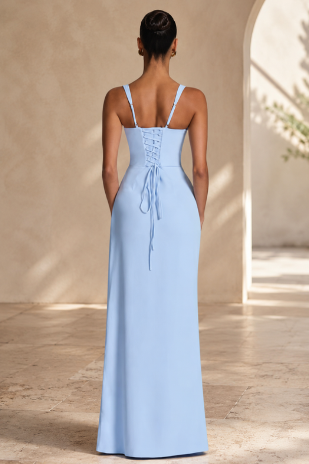 Women's long flowy navy blue maxi dress, an elegant evening gown for special occasions & formal parties.