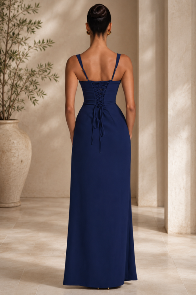 Stunning women's flowing navy blue maxi evening dress, designed for elegance at formal and special events.