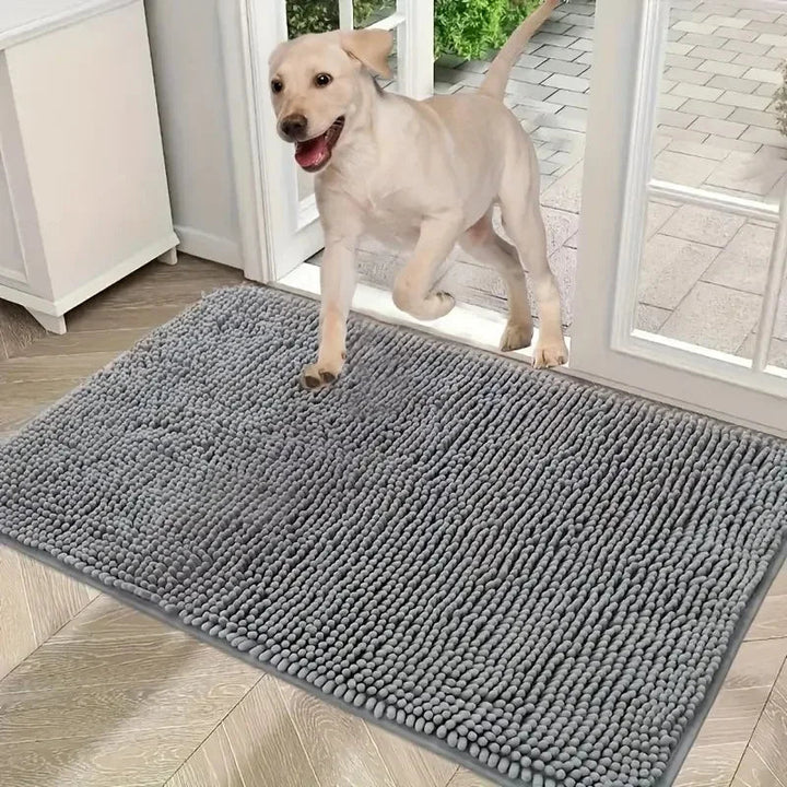 Gray absorbent non-slip dog doormat with chenille microfiber for muddy paws, quick-dry pet mat