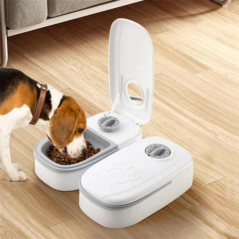 Automatic pet food dispenser in gray, ideal for consistent feeding of cats and dogs.