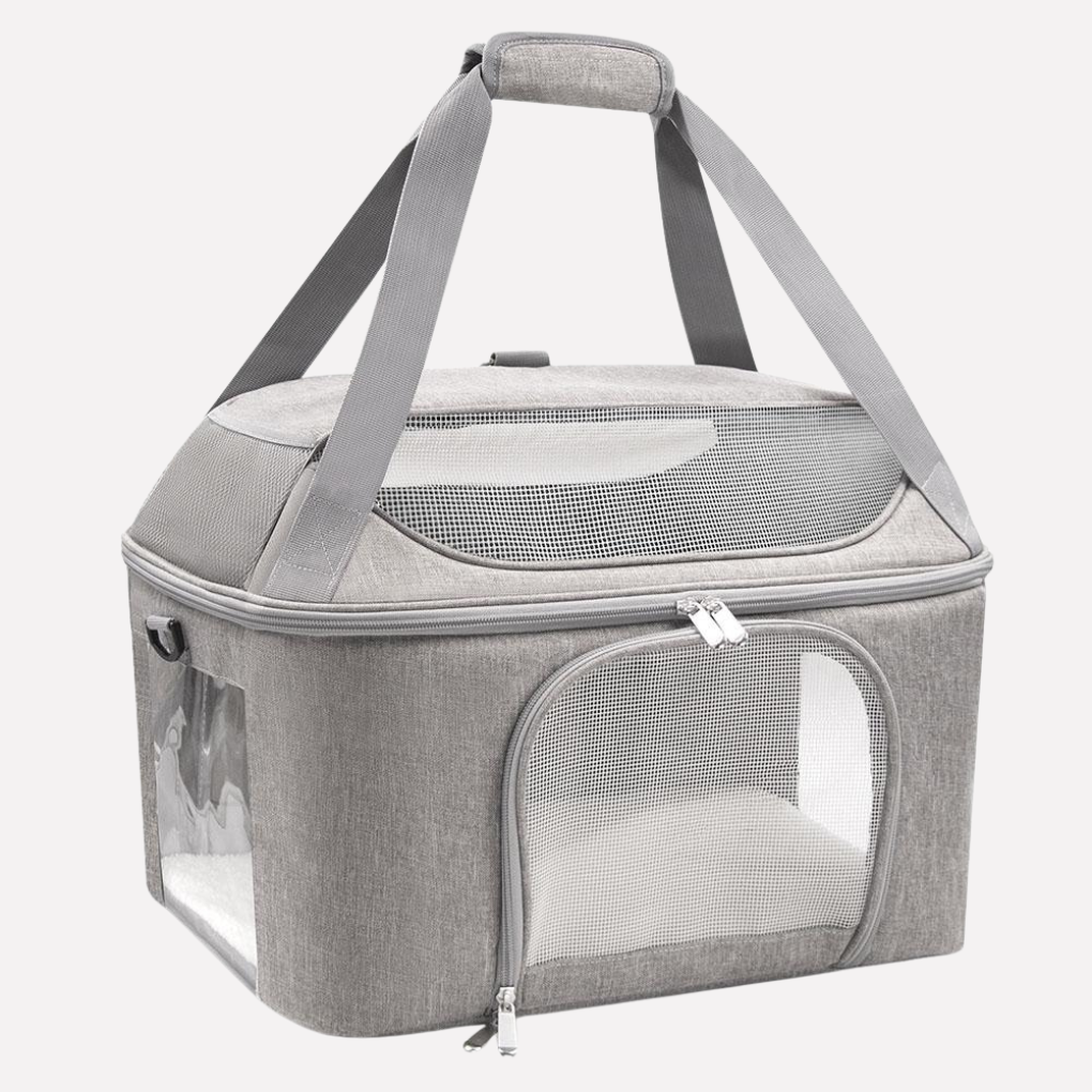 Gray & black outdoor pet travel backpack carrier with mesh panels for small dogs or cats