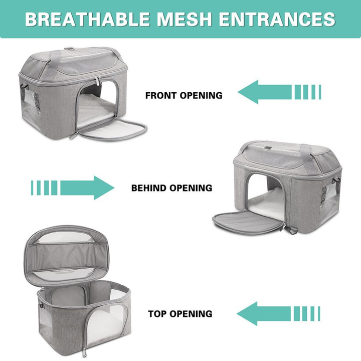 Outdoor pet travel backpack in gray, featuring mesh windows for pet comfort & ventilation