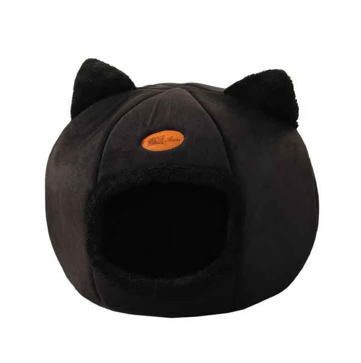 Cat supplies: gray cat-shaped bed with a warming, removable cushion for small pets.