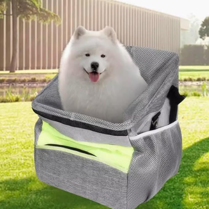 Gray compact pet car seat with safety straps, ideal for secure dog travel