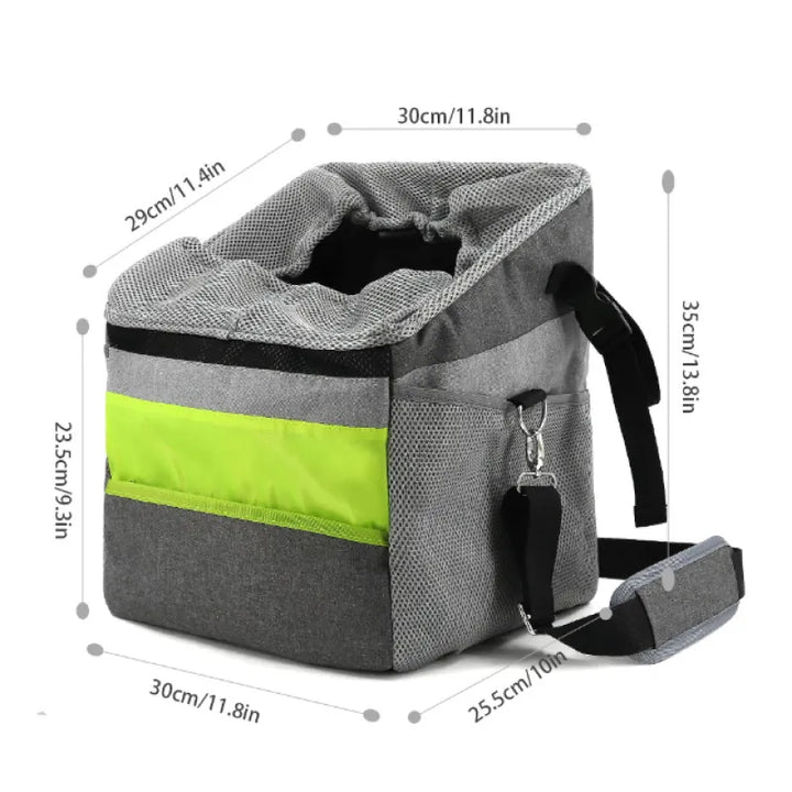 Compact pet travel crate, gray, featuring secure straps for car use