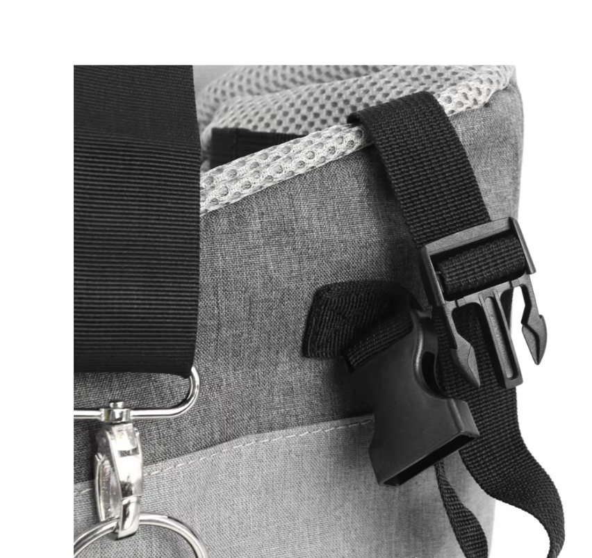 Closed compact pet carrier for car safety, in sleek gray color