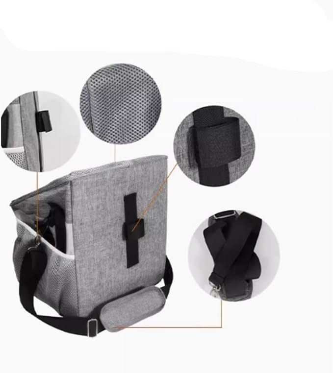 Gray pet car seat with side view, showing secure and compact design