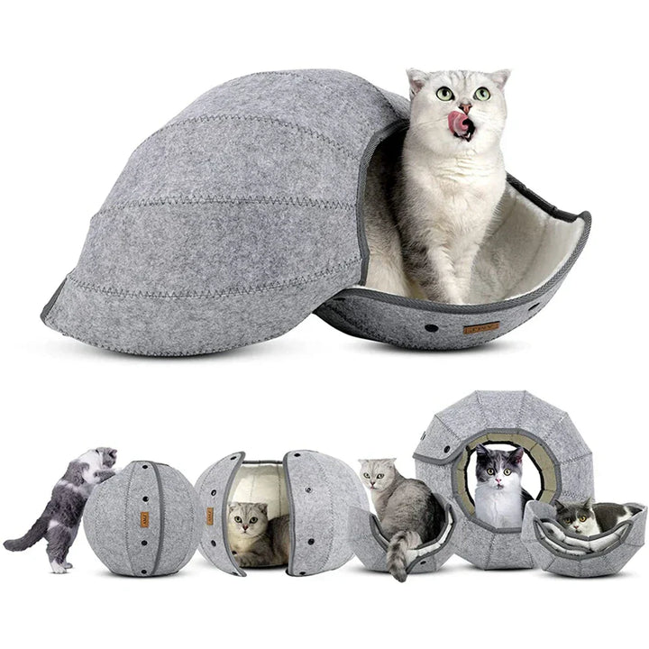 Gray felt 5-in-1 cat bed tunnel for play and rest, ideal for interactive kitten fun.