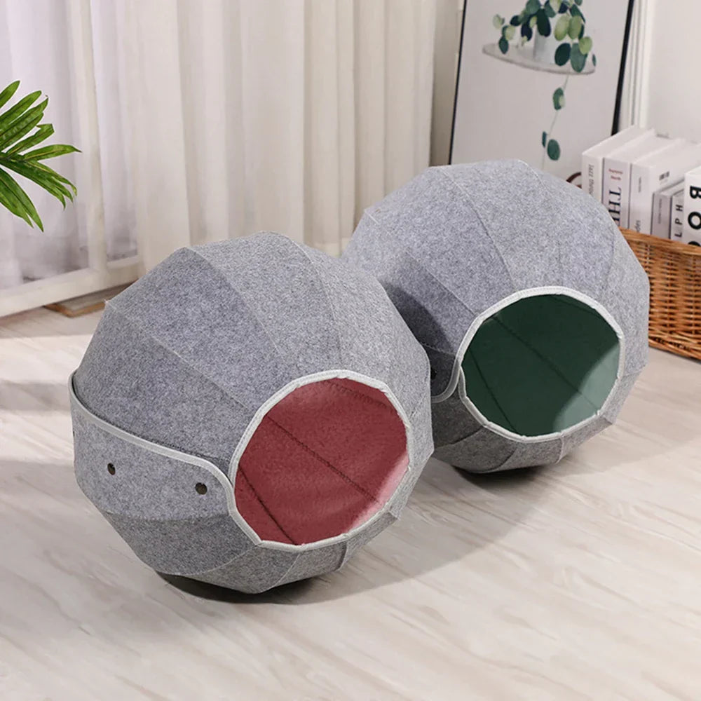 Versatile 5-in-1 felt cat bed tunnel doubling as cat toy, offering comfort and entertainment.