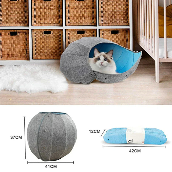 Durable felt cat bed tunnel, a 5-in-1 pet toy designed for kitten play and cat comfort.