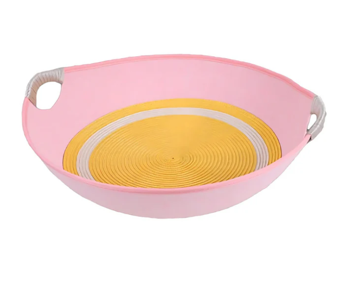 Soft pink felt cat bed, a cozy pet accessory with practical handles for transport.