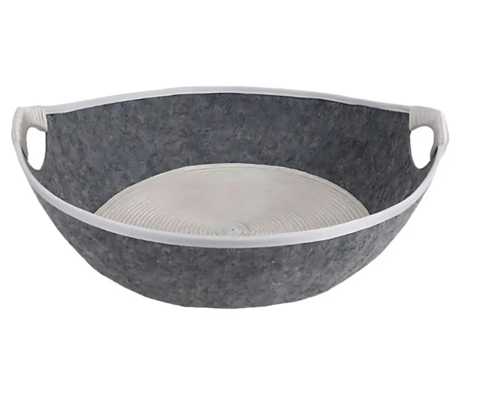 Close-up of a stylish felt cat bed showing texture and integrated carrying handles.