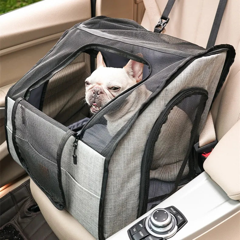 Gray foldable pet car booster seat with safety restraint for small dogs, cats.