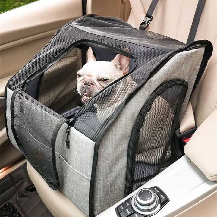 Gray foldable pet car booster seat with safety restraint for small dogs, cats.