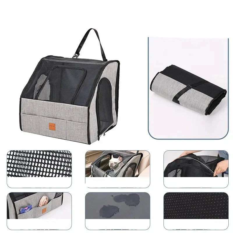 Unisex pet car seat with breathable mesh sides for safe dog travel.