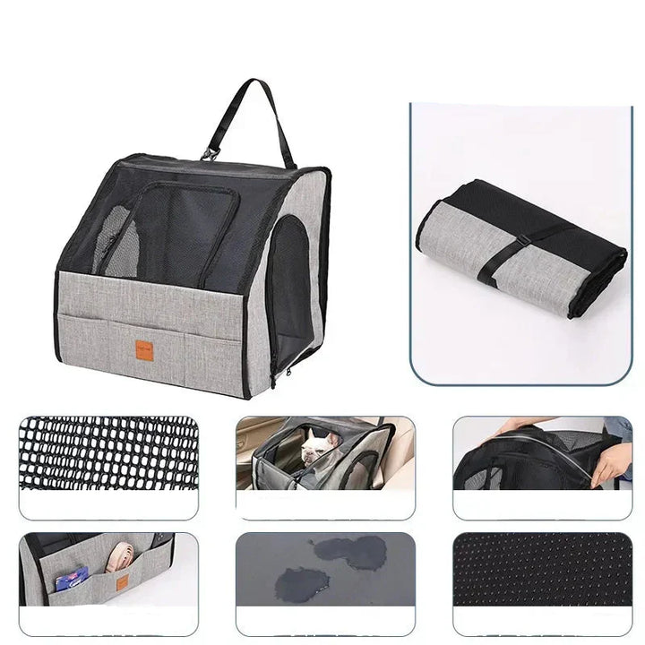 Unisex pet car seat with breathable mesh sides for safe dog travel.