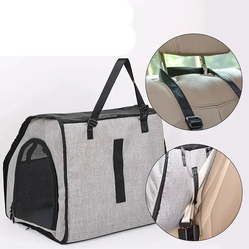 Folded gray pet booster seat, compact for car storage and travel.