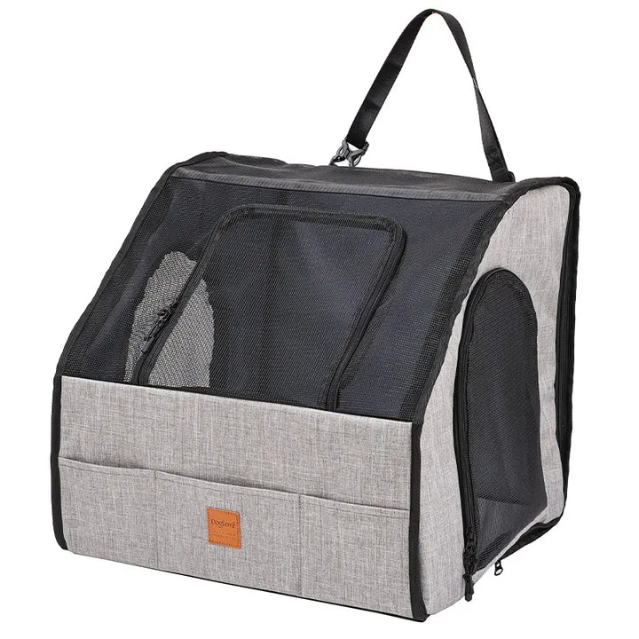 Pet car seat booster in vehicle, showing secure safety restraint installation.