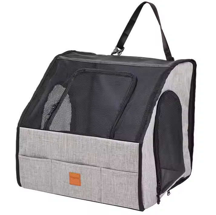 Diagram of foldable pet car seat highlighting easy setup and safety features.