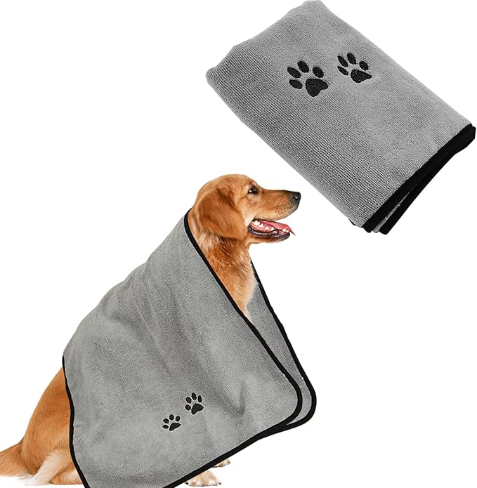 Folded gray microfiber pet drying towel, compact and ready for pet grooming and travel.