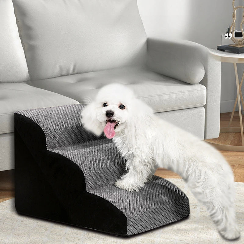 Washable gray memory foam dog stairs for easy pet bed access.