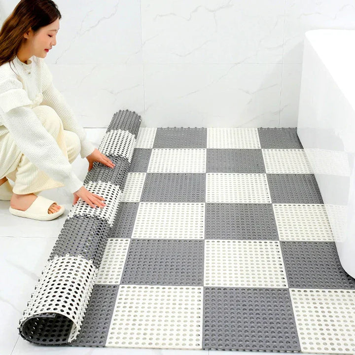 Gray & white non-slip shower mat set. Quick-dry, mold-resistant bath tiles provide superior bathroom safety.