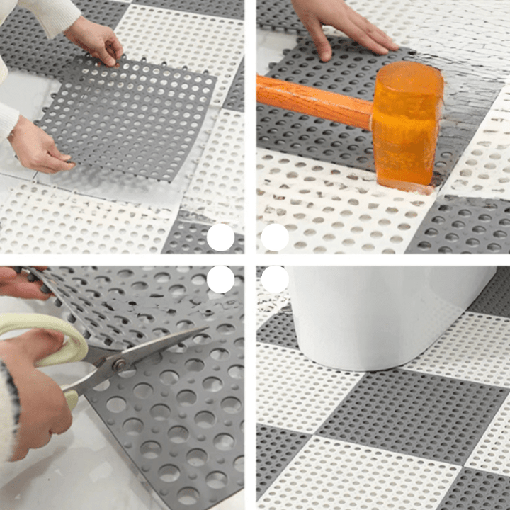 Modern gray interlocking shower mat. Non-slip, quick-dry, mold-resistant bathroom tiles for ultimate safety.