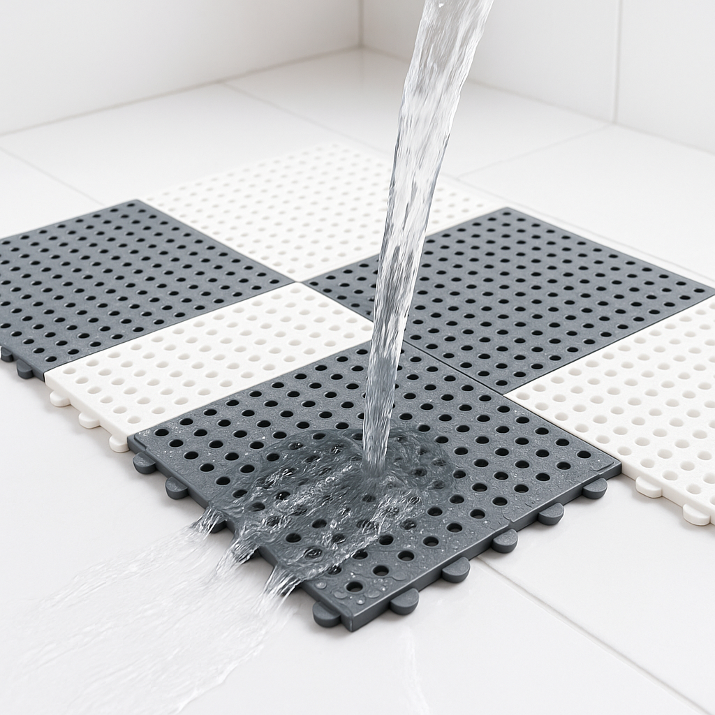 Practical non-slip bath mat set. Quick-dry, mold-resistant interlocking shower tiles promote bathroom hygiene.