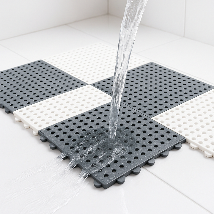 Practical non-slip bath mat set. Quick-dry, mold-resistant interlocking shower tiles promote bathroom hygiene.