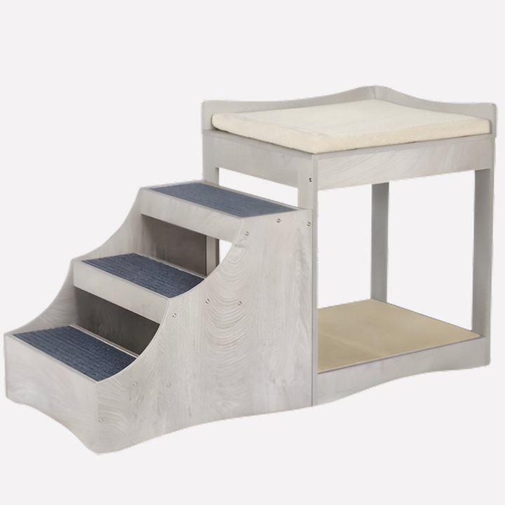 Gray pet bunk bed with walnut accents and removable steps, perfect for cats and small dogs to relax and sleep.