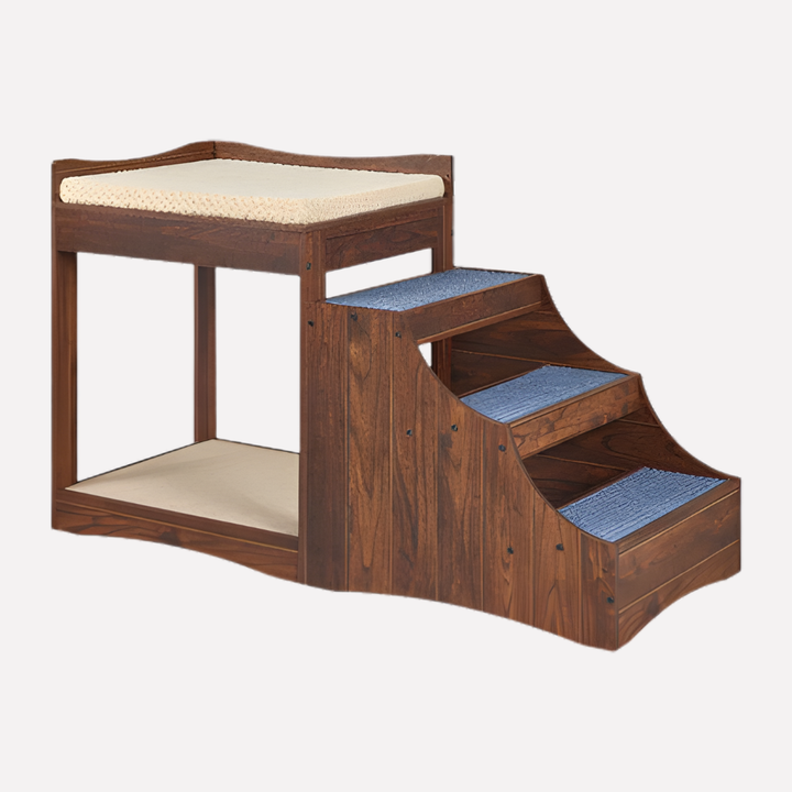 Dual-level pet furniture: a stylish gray and walnut bunk bed for cats and small dogs with easy-climb removable steps.